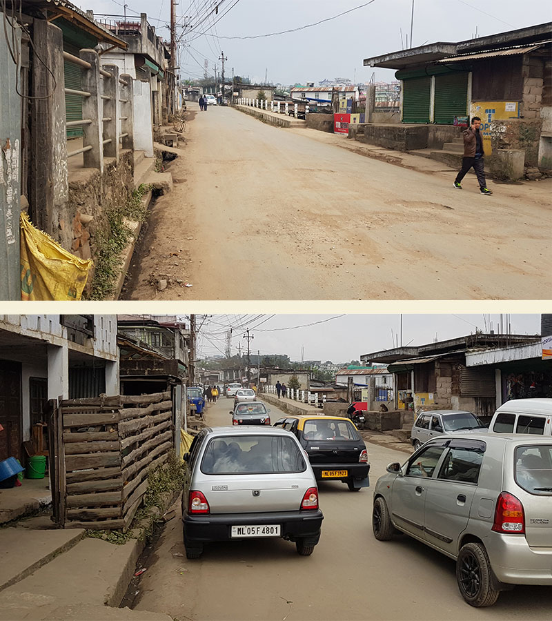 Vergleich einer Straße in Shillong am Tag des bandh und einen Tag später