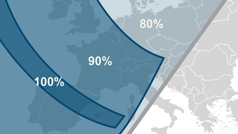 Karte von Westeuropa mit dem Verlauf der Sonnenfinsternis. Markierungen zeigen eine Sonnenbedeckung von 100 Prozent über Teilen Spaniens sowie 90 und 80 Prozent weiter nordöstlich.