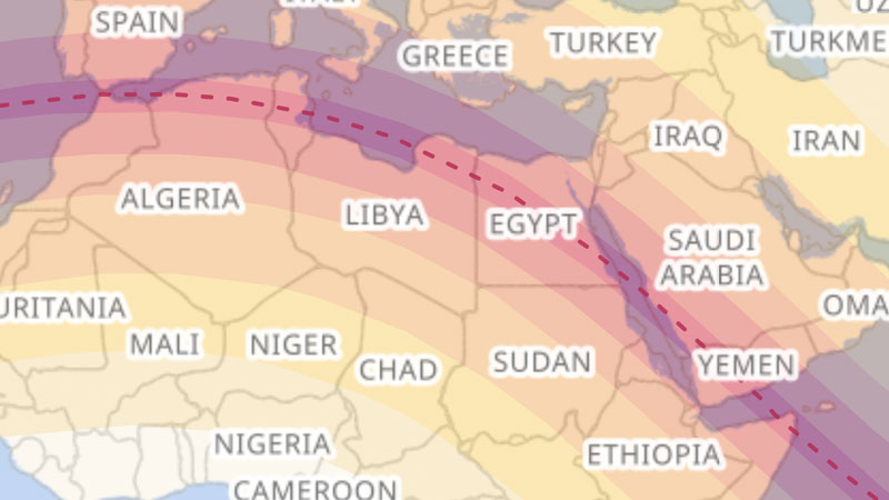 Karte mit dem Verlauf der Sonnenfinsternis von Spanien über Nordafrika und die Arabische Halbinsel. Farbig markierte Zonen zeigen den unterschiedlichen Grad der Sonnenbedeckung.